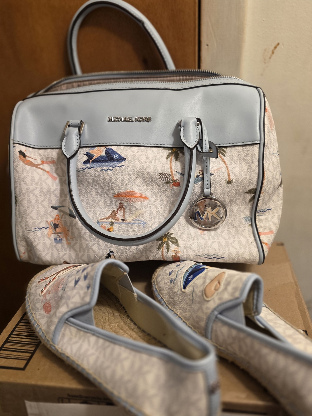 Michael Kors Cream & Light Blue Beach-Print Satchel